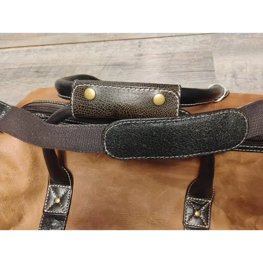 Vintage 90s Timberland Brown 100% Leather Duffle Bag Carry On Weekender Strap